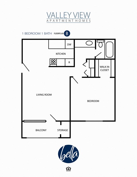 Floor plan for 1 bed, 1 bath, 550 sqft